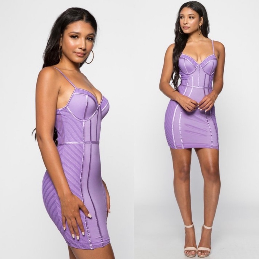 Striped Mesh Bustier Bodycon Minim Dress Lavender